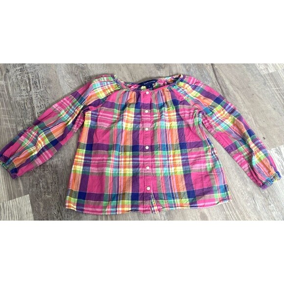 Ralph Lauren Girls Plaid Button Front Shirt Long Sleeve Cotton Top Size 5 - Picture 1 of 7